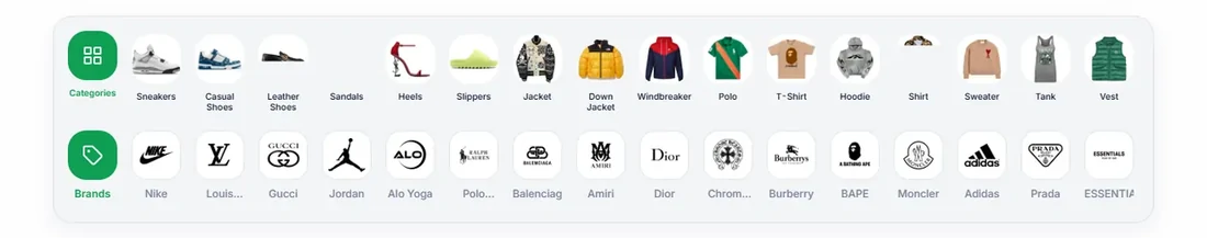 Two rows of round category shortcuts on the catalogue home page, starting with sneakers, casual shoes and leather shoes, above a row of brand shortcuts