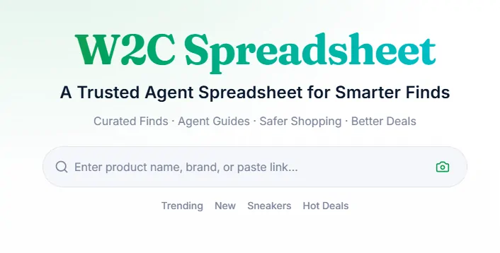 The catalogue search box with placeholder text inviting a product name, brand or pasted link, and quick tabs for trending, new, sneakers and hot deals
