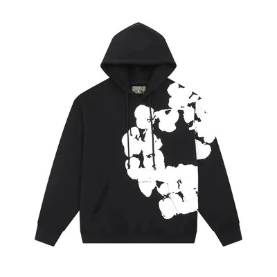 A black hooded sweatshirt with a large white floral print across the chest
