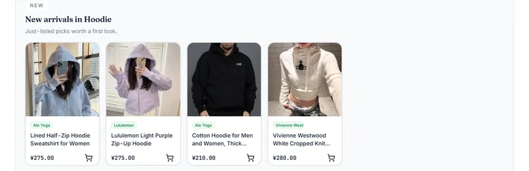 A row of product cards on a catalogue route page, each with a photo, a brand label, a translated title and a price in Chinese yuan